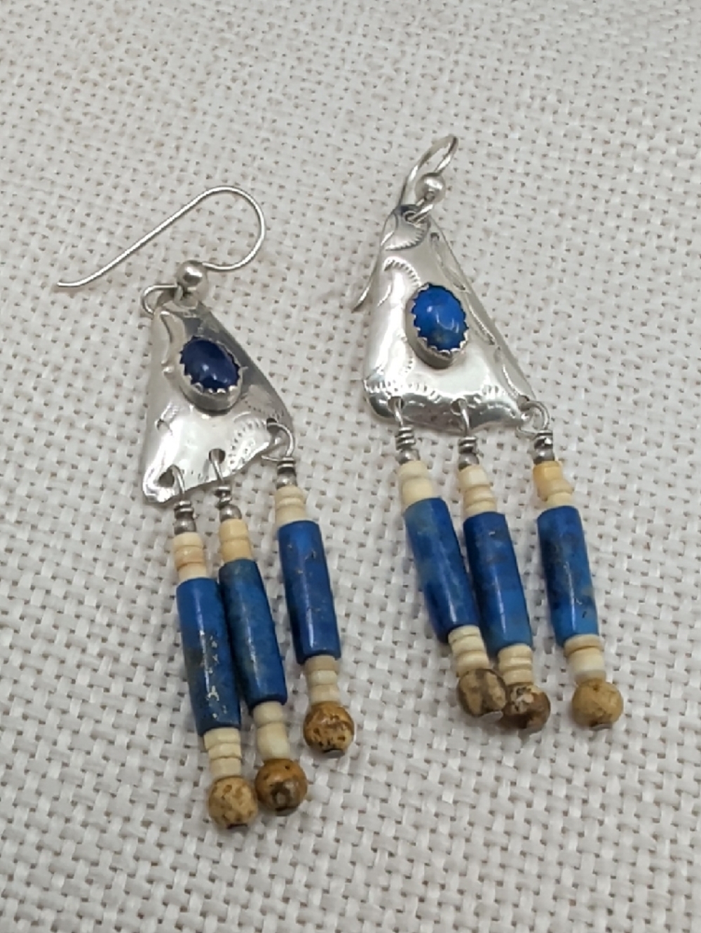 Vintage Sterling 925 Lapis Southwestern Fringe Long Drop Earrings Boho 1990s - Picture 6 of 17